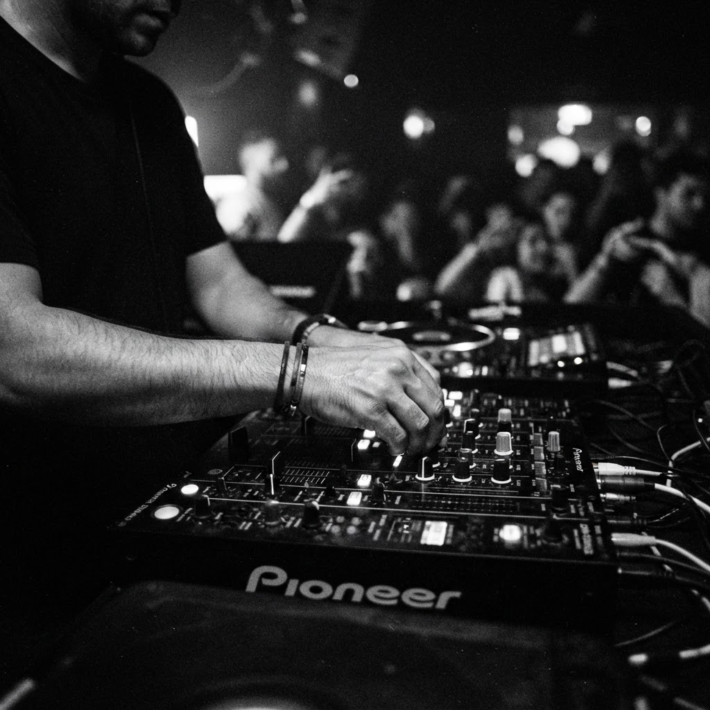 Close-up of hands working the faders of a club mixer