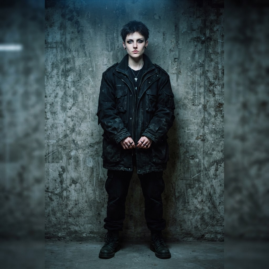 Vesper portrait against a raw concrete wall in cold light