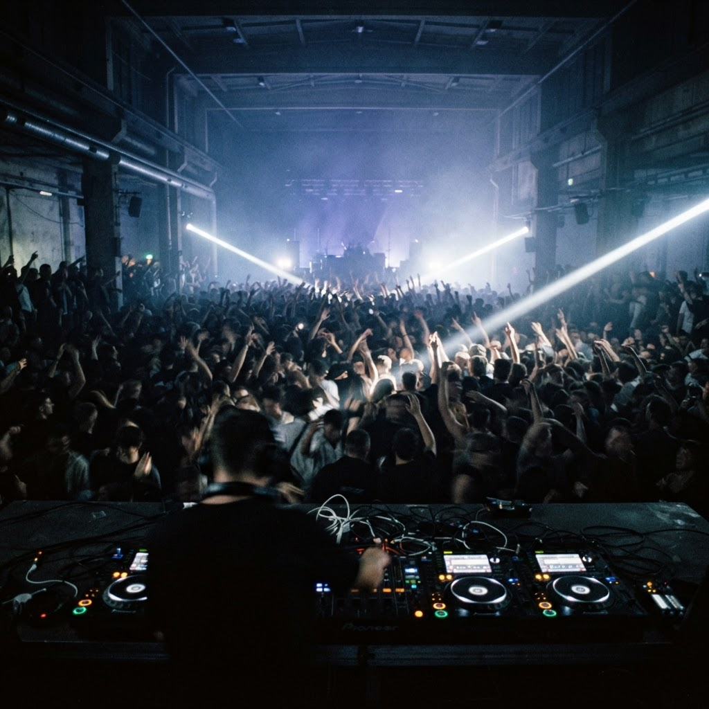 Packed warehouse crowd seen from behind the DJ booth through haze