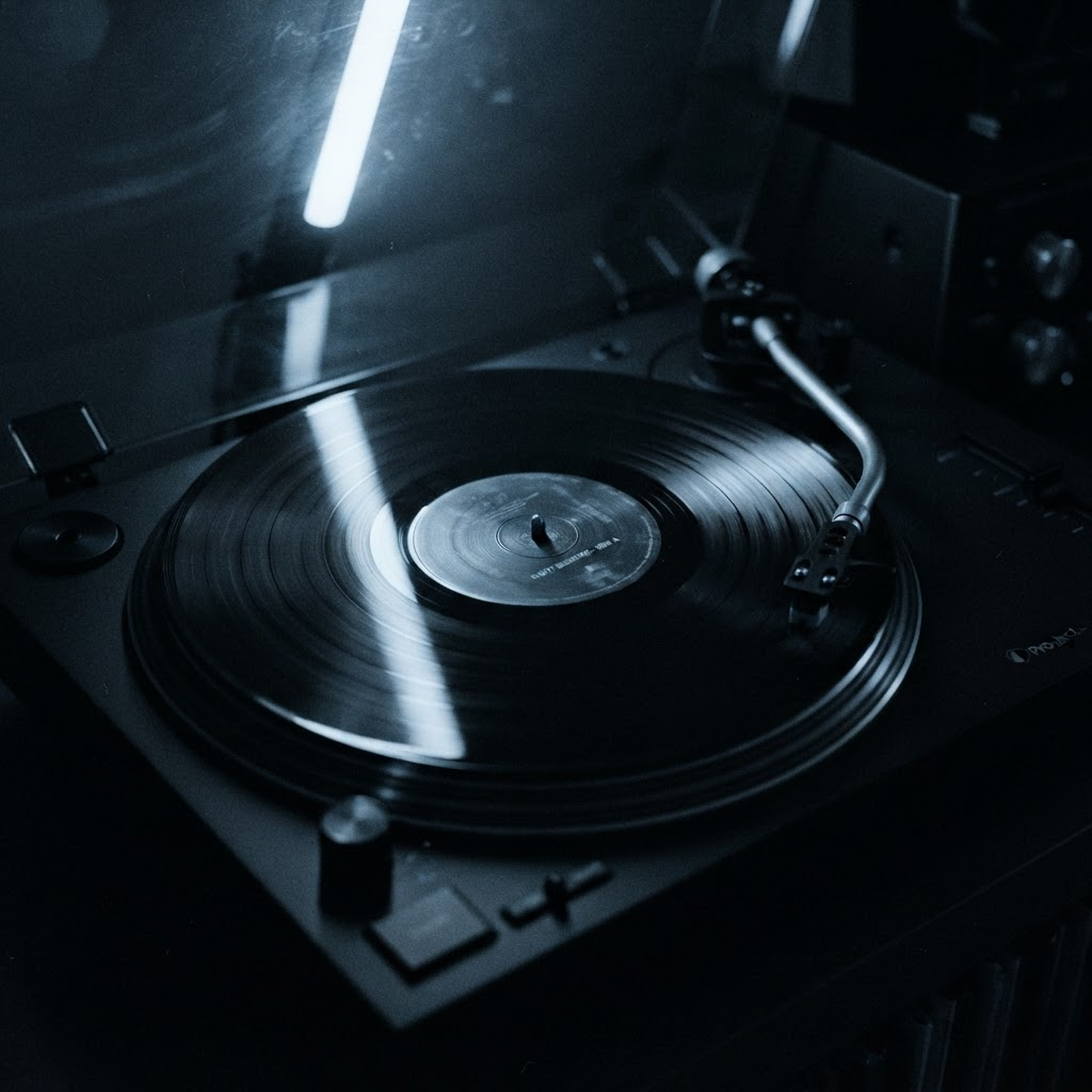 Vinyl record spinning on a turntable in near darkness