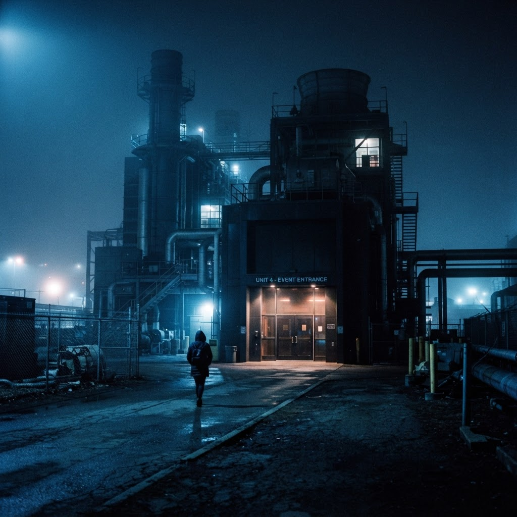 Industrial venue exterior at night wrapped in fog