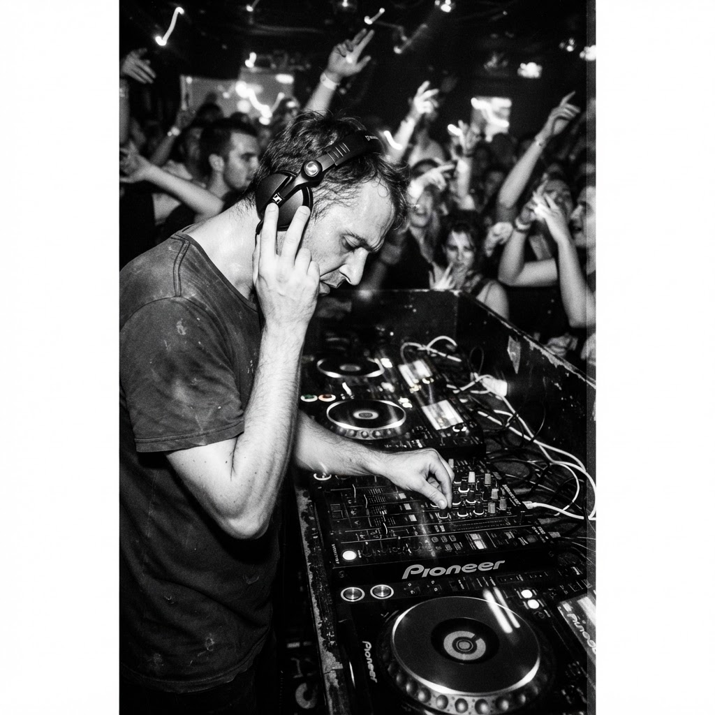 Vesper performing with headphones, blurred by strobe light